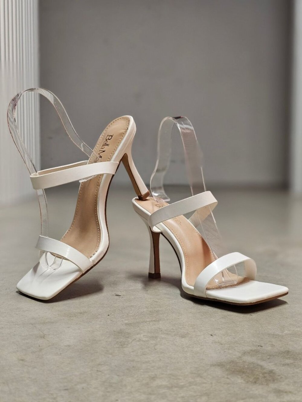 Square Toe White Strappy High Heel Sandals With Double Strap Design For Women